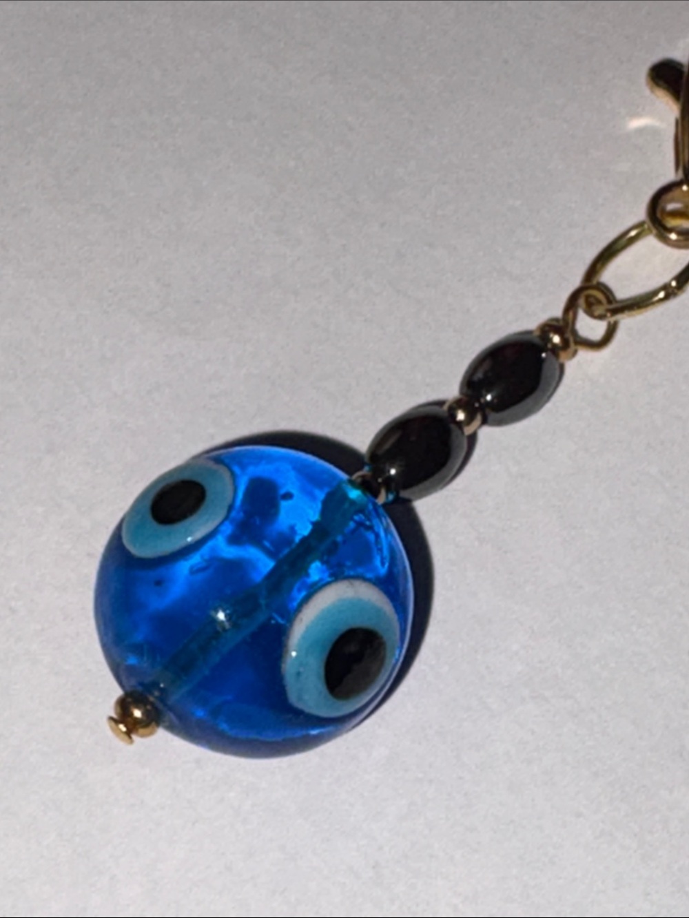 Hand Crafted Hematite Blue Evil Eye Glass Bead Keychain Purse Charm - Picture 4 of 6